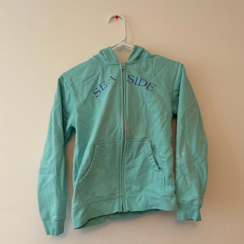 Full zip up Seaside blue hoodie.